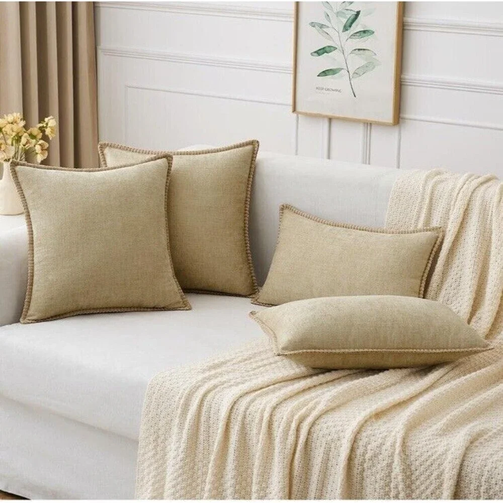 Set Of 2 Chenille Stitched Edge Soft Throw Pillow Covers Beige 18x18in Spring